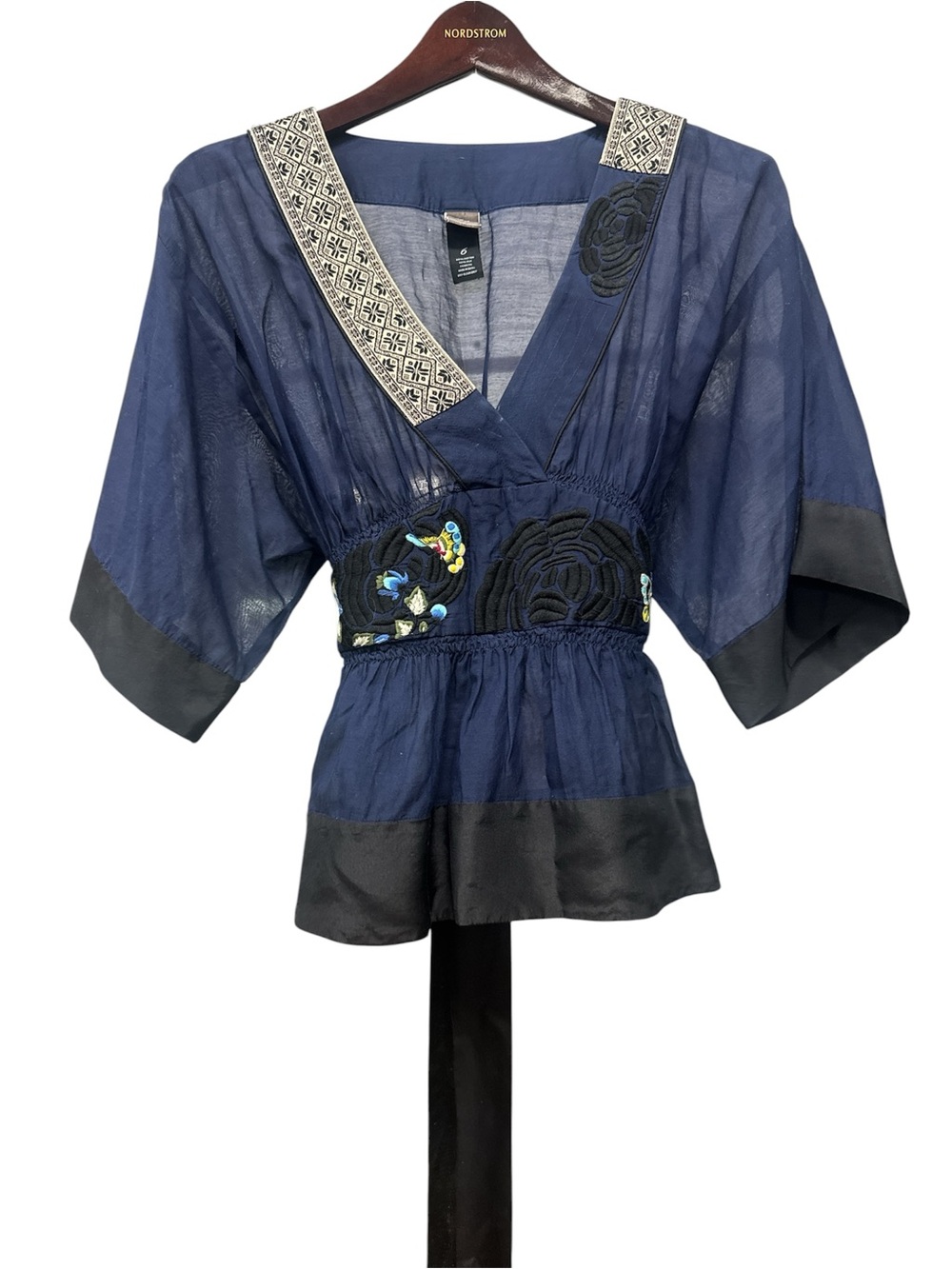 Lithe Embroidered Navy Peplum V-Neck Blouse with Contrast Trim